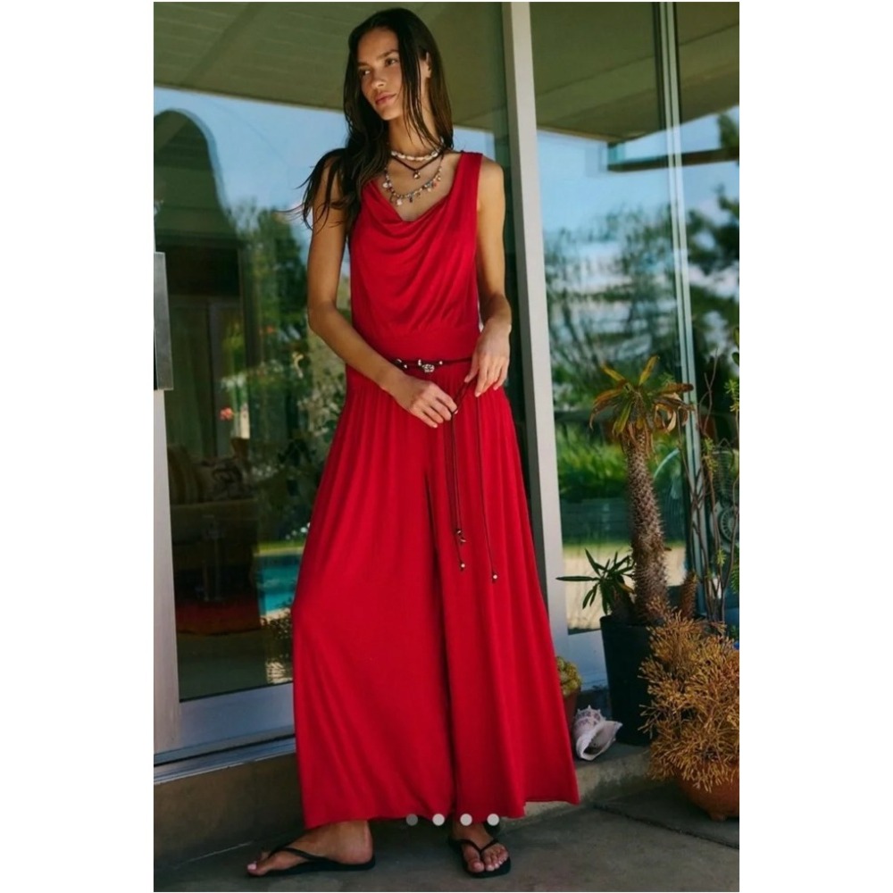 Free People Free-est Royale One Piece Size S Red Cowl Neck Wide Leg Boho Summer - Picture 2 of 12